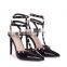 Ladies fancy multi buckle strap design high heels nude patent gladiator style studded court heel shoes