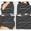 Sexy black and white stripe deep v women long sleeve bodysuit
