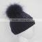 Myfur Navy Knitting Beanie Hat With Stones Real Raccoon Fur Ball Top For Teenager Boys