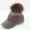 Fashion Black raccoon fur pom poms snapback caps New design fur ball sport hats PU leather baseball caps