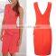 Women Sleeveless Pleated V Back Zip Shift Peach Pink Dress