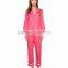 Contrast Piping Long Sleeves Pyjamas Set Notched Collar Left Chest Pocket Pink Silk Satin Sleepwear