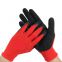 Red nylon polyester liner coated black wrinkle latex grip safety construction working hand gloves