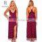 2015 latest new casual dress designs navy glue wine red stripe deep V neck high low slit summer maxi sun dress