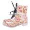 Floral woman lace up martin boots PVC low heel ankle rain boots
