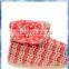 pink and beige stripe knit warm indoor boots with big pom-pom