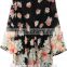 2015 Spring New Arrival Plus Size S-XXL Sexy Black V-neck Floral Print Loose Romper Playsuit Jumpsuit With Long Flare Sleeves