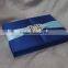 Hot sale elegant navy hardcover silk wedding invitations with ribbons & rhinestone brooches