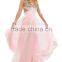 Top Sales Chiffon Pink Bow Tie Evening Dresses Gold Beaded Criss-Cross V-Neck Prom Dresses XP-32