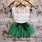 Latest Fashion Girls' Clothing Set White Lace Top and Pleated Chiffon Skirt with Ribbon Bow-knot