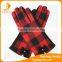2016 ladies spandex velvet red and black plaid fabric gloves with little bow