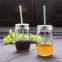 460ml glass canning jars with plastic straw & lips emboss glass cup