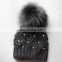 Fashion design black knitted pattern wool blend hats with fur pom