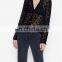 Long Sleeve Heart Pattern Black Sheer Button Blouse Womens