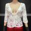 2016 White Beige Sheer Floral Lace Blouse for Middle Aged Women Ladies Crochet Top