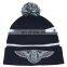 Men's striped flat embroidery knitted beanie hat with pom pom