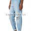 Blue distressed holes denim pants with straight leg girls sex leg jean pant dubai girl photo