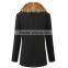 high fashion slim fit England Style high quality office wear fur collar design black woolen coat woman