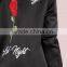 Black Rose Embroidered Bomber Jacket 100% Polyester Vintage Casual Back Silky Longline Winter Zipper Jacket