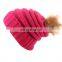 With or without logo Plum Feathers Soft Stretch Cable Knit Ribbed Faux Fur Pom Pom Beanie Hat