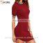 Casual burgundy striped trim ribbed knit bodycon fitted mini dresses for winter autumn