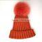 Myfur Fashion Orange Color Customized Fox Fur Pom Pom Knitted Hat