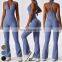 Quick Dry Sexy Large V-shaped Neckline Workout Bodysuit Gym Fitness Jumpsuits Sleeveless One Piece Yoga Jumpsuit For Women