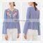 New design Blue Striped shirt fashion sexy lace-up Tops women Bell Sleeve embroidered blouse