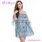 Women Sexy Off Shoulder Printed Blue Short Sleeve Falbala Beach Dress