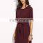 Burgundy Self Tie Curved Hem Dolman Sleeve Dress 95% Cotton 5% Spandex Curved Hem Casual Belted Dress