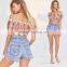 Sexy mesh embroidered floral tops off shoulder ladies blouse