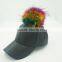 Fashion New 100% colorful raccoon fur pompoms snapback hats PU leather sport baseball caps