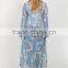 New Fashion 100% Polyester Blue Floral Button Up Bell Sleeve Trendy Designs Chiffon Semi Sheer Sexy Ankle Long Dusty Cardigan