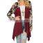 OEM Wholesale Women Fashion Long Sleeve Wine Black Floral Open Cardigan Sweaters