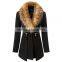 High Fashion Slim Fit England Style High Quality Office Wear Fur Collar Design Black Woolen Coat Woman