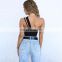 Wholesale Women Slant shoulder Sexy Rib Plain Belt Hollow Sleeveless Crop Tops