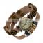Stock Beautiful Design Ancient Leaf Watch Wood Charms Multy Strand Wrap Leather Bracelet Adjustable Size