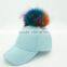 Women pink faux leather hat with 15cm raccoon fur pompoms New design colorful sport snapback baseball caps
