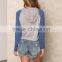 MGOO 2017 New Designs Navy Blue And Grey Raglan Sleeves Cropped Knit Hoodies Tops 180g 100% Cotton Jersey Plain