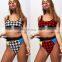 New Belt Buckle High Waist Bikini Set Sexy Houndstooth Patchwork Print Swimsuit Swimwear Women Beach Bathing Suit Bikini Biquini
