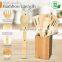 Organic bamboo wooden kitchen cooking tools spoons spatulas utensils set with holder