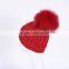 Chinese Red Wool knit hat with big fur ball on the top for fashion girls KZ160079
