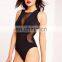 2016 Sexy Women Mesh Panelled Plunge Black Bodysuit Wholesale