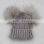 Myfur Hot Pink Girls Wool Knitting Hat with Real Raccoon Fur Pompoms Attached