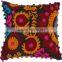 Indian Embroidered 16"X16" Suzani Cushion Cover Cotton Ethnic Pillows Boho Vintage Pom Pom Lace Shams Throw Cushions