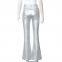 Women Metallic Silver Flare Pant Belted Wide Leg Low Rise Iridescent Flare Jeans