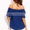 Blouses latest fashion design women clothing Royal Blue Pleated Sleeve Off The Shoulder Blouse