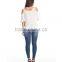 Women Fashion Plain Dyed Cotton Cold Shoulder Peasent Top White Tops White Blouse Short Sleeve