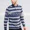 New Design Long Sleeve Button Placket Ribbed Cuffs Blue Stripe Men's 100% Cotton Breathable Pique 200g Blank Casual Polo T-Shirt