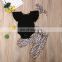 Girl's black short-sleeved blouse leopard print pantsuit direct from factory 3 piece Girl boutique summer suit